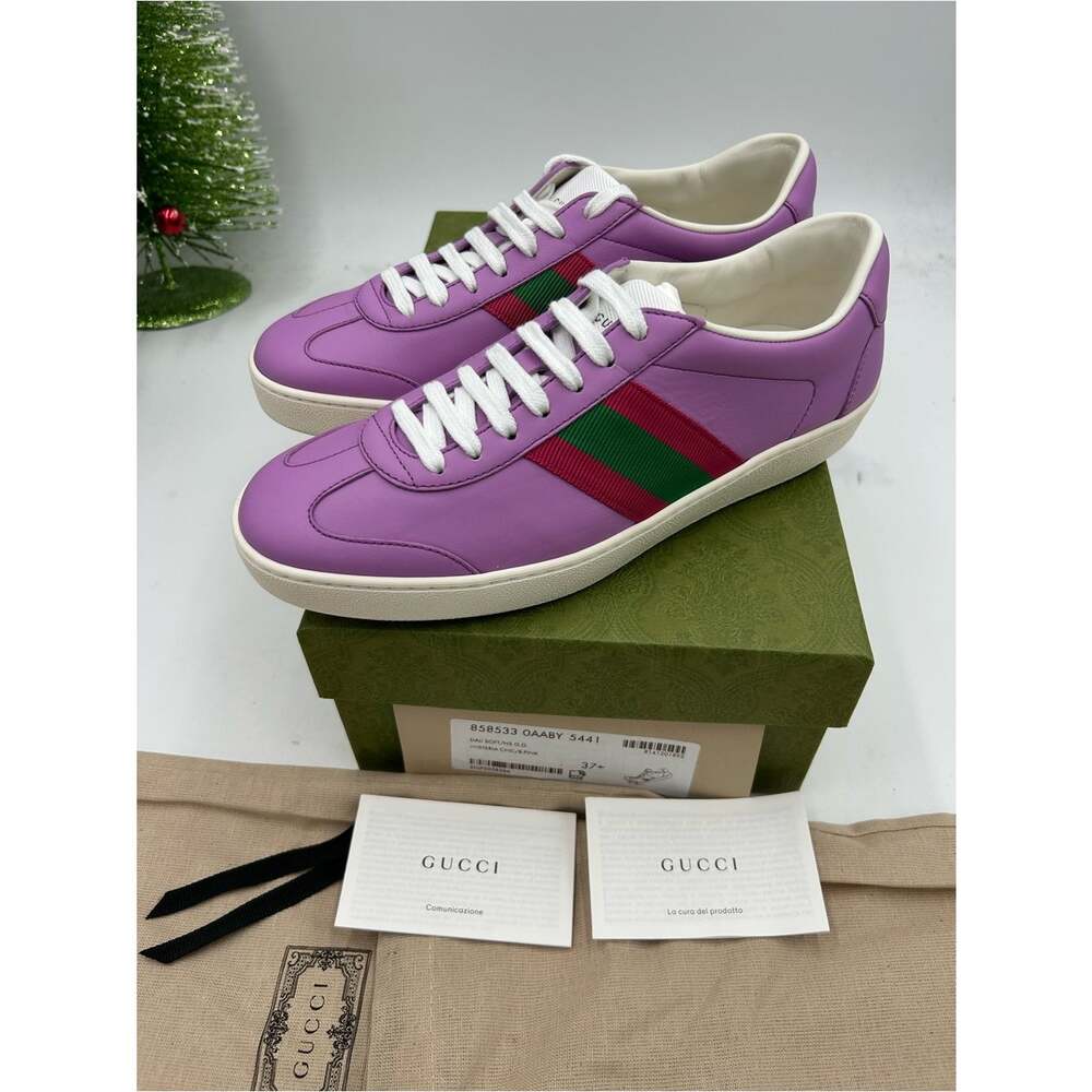 Women's Gucci G 74 Lavender Leather Sneakers with Red and Green Web Stripe 37.5 - Picture 2 of 11